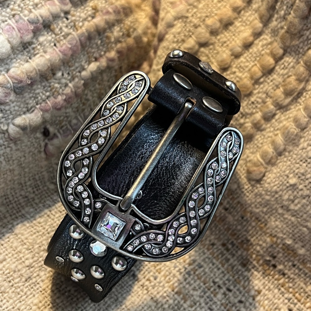 Ornate Rhinestone Embellished BKE Leather Studded Black w/Silver Accents Belt